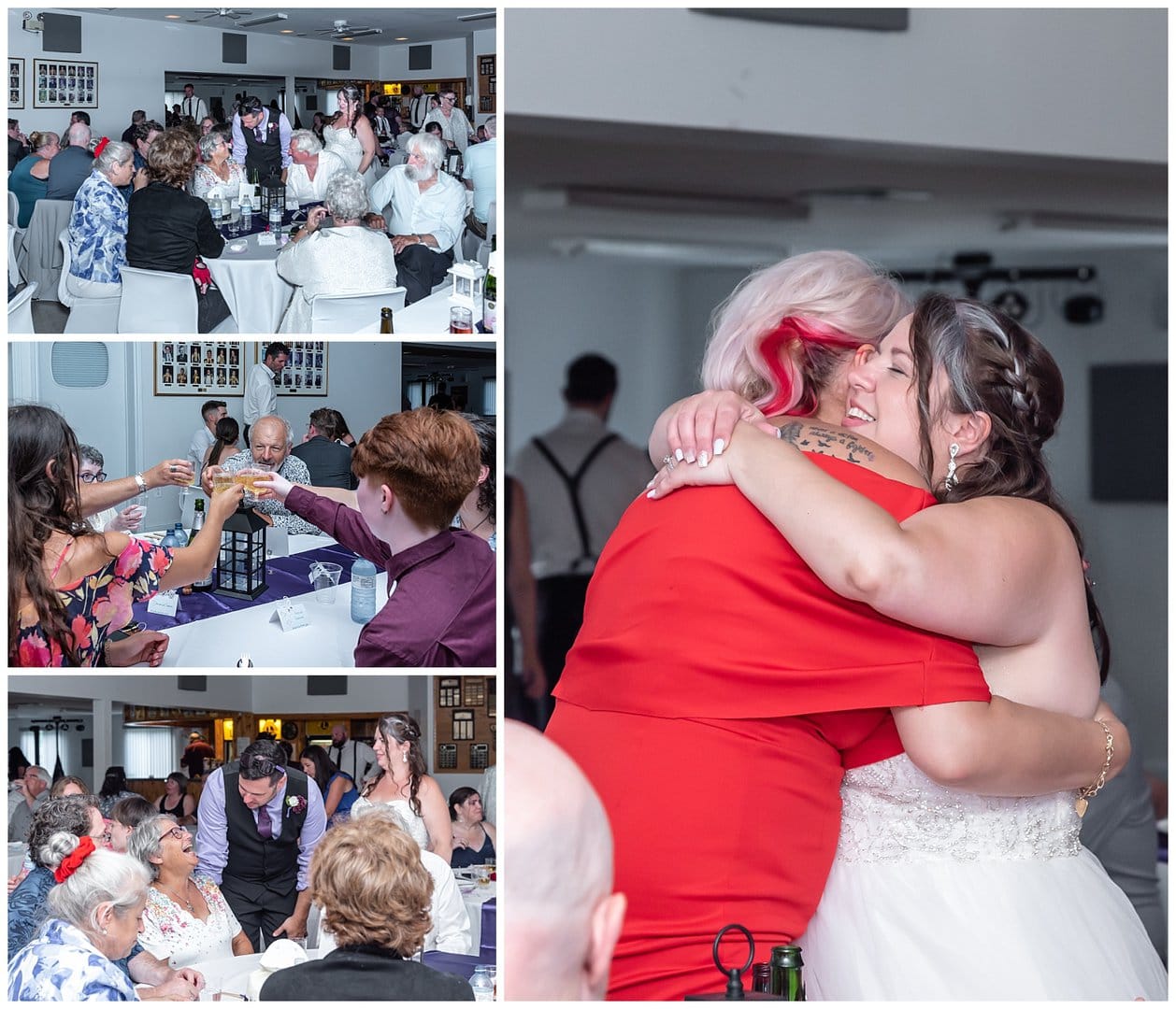 Bride and groom talk with wedding guests during the reception at the Sackville Lions Club in NS.