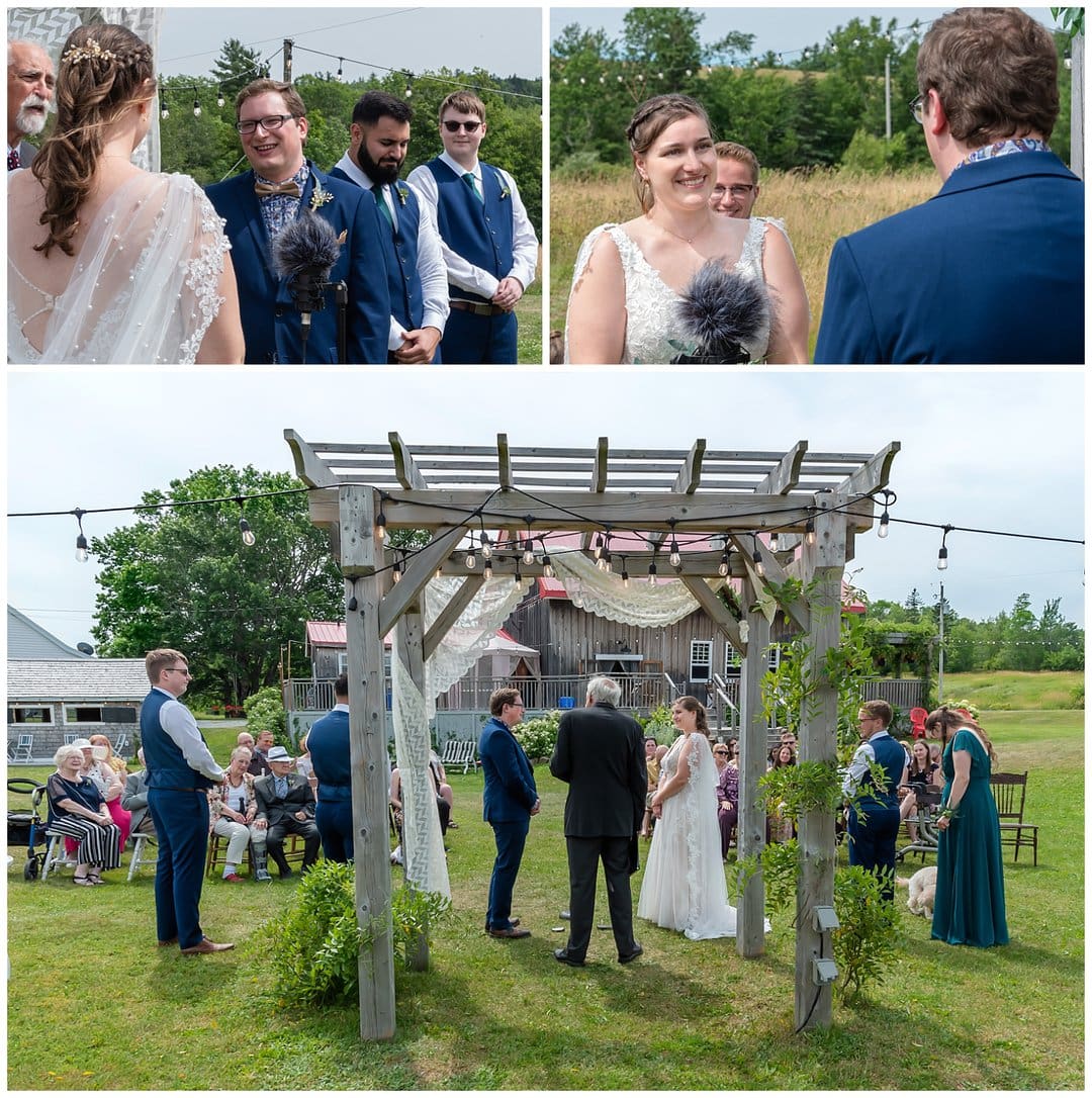 The bride and groom gaze at each other during their wedding ceremony at the Barn at Sadie Belle Farm in Hantsport.