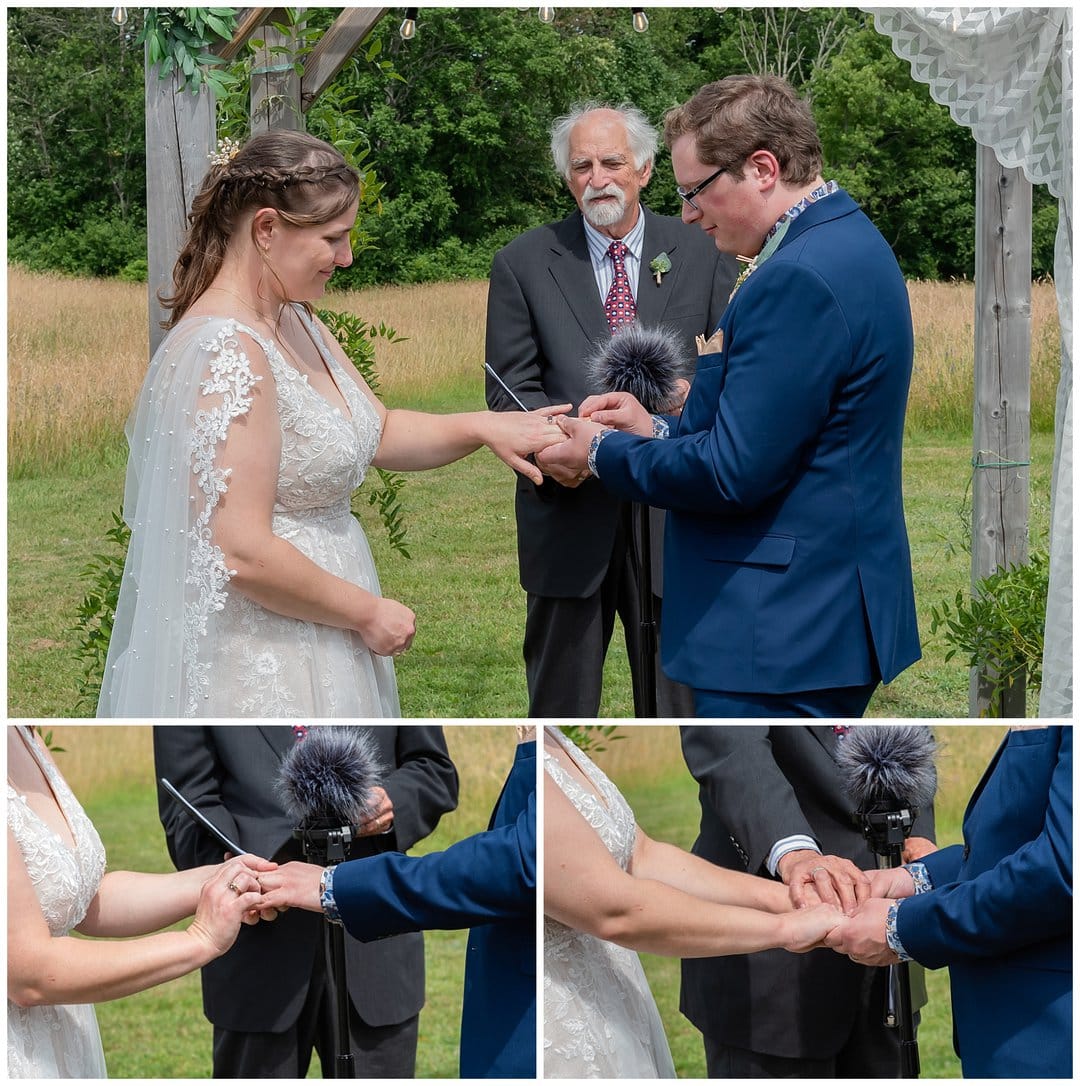 The bride and groom exchange their wedding rings during their ceremony at the Barn at Sadie Belle Farm in Hantsport NS.