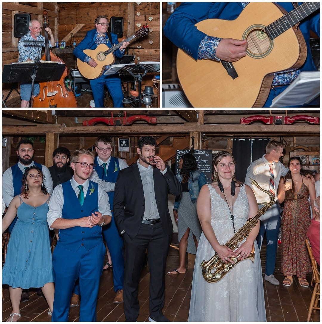 The groom serenades the bride with his guitar and song during their wedding reception.