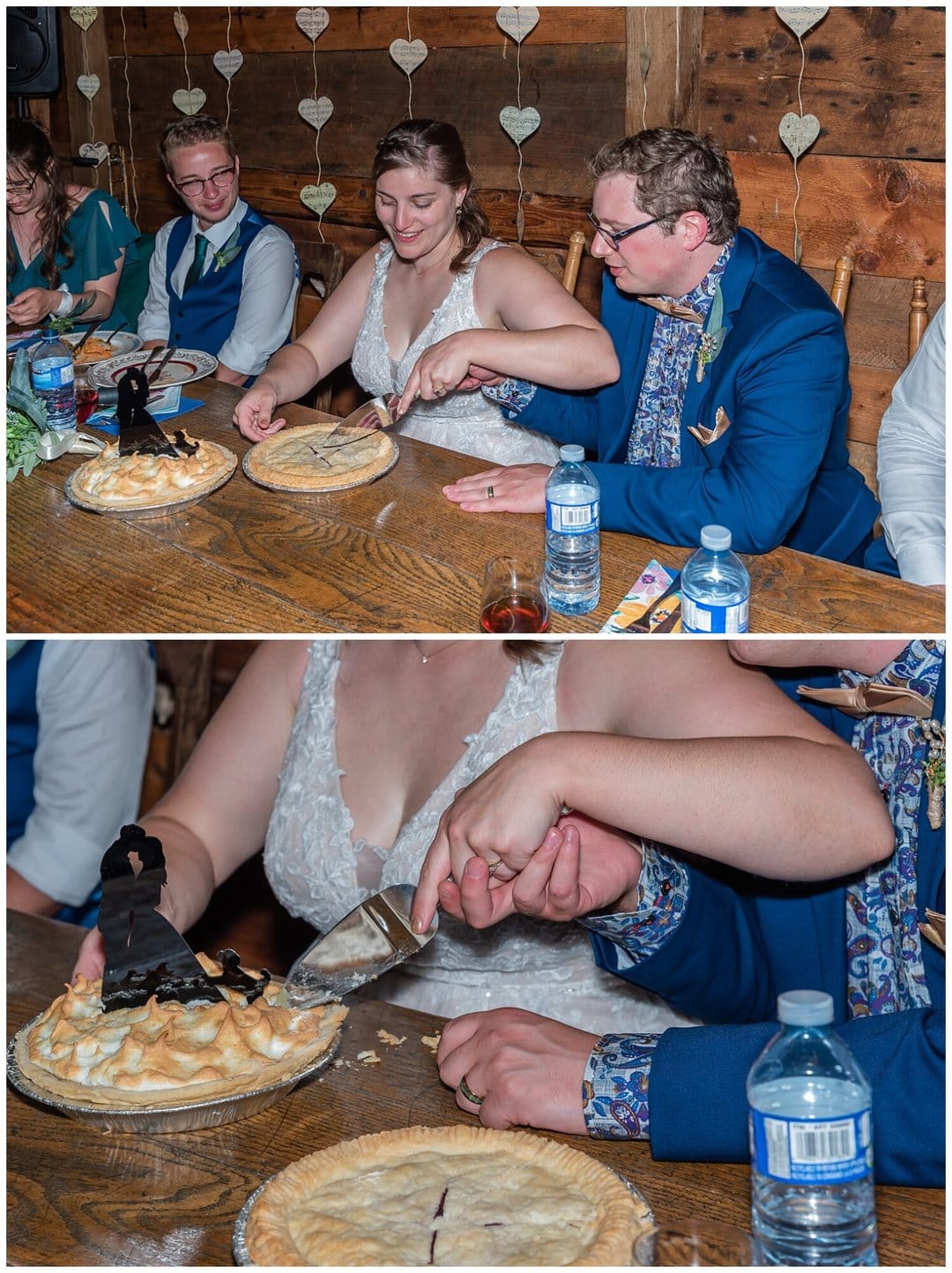 The bride and groom cut their wedding pie during their reception at the Barn at Sadie Belle Farm.