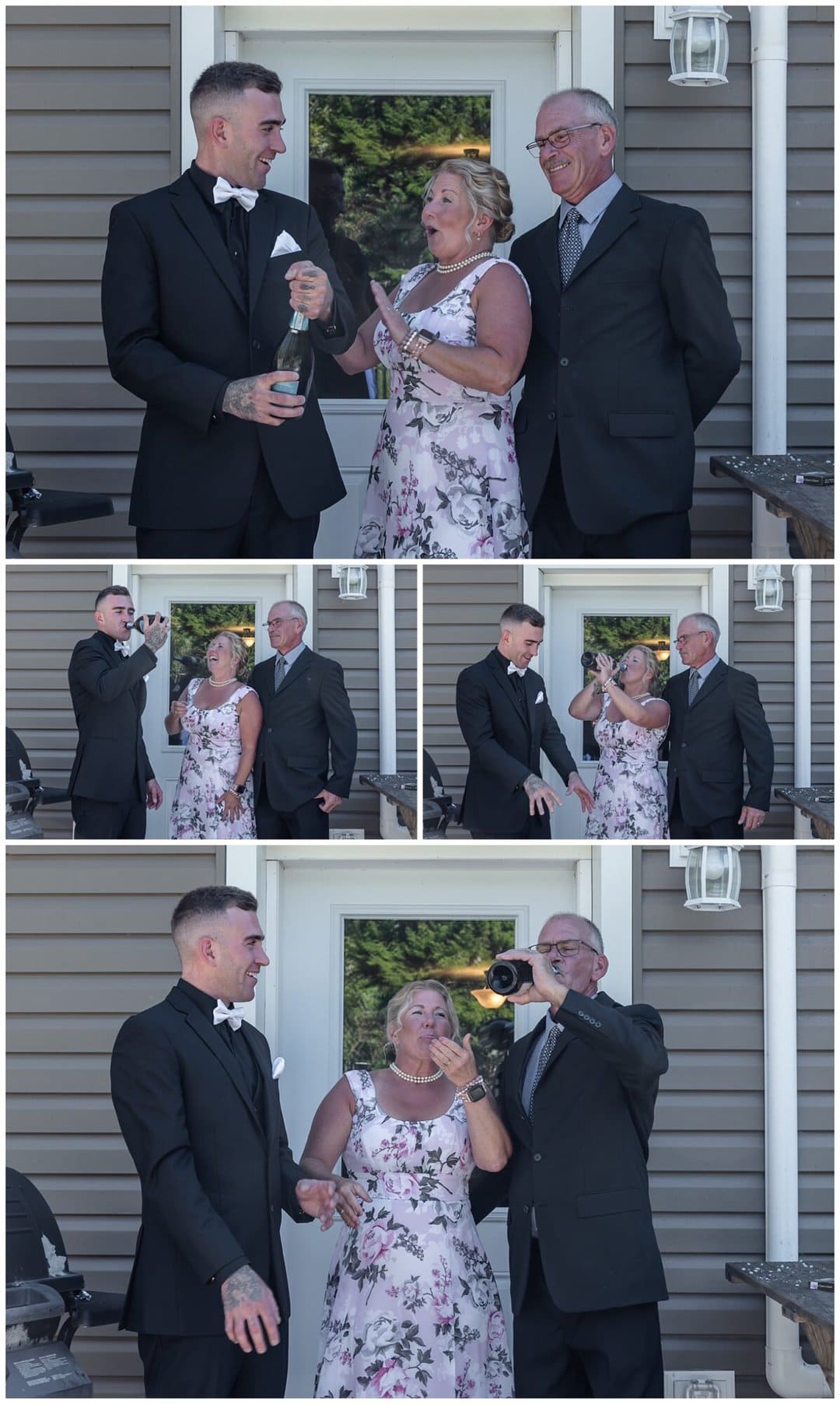 The groom pops the cork on a bottle of wine and then shares it with his parents on his wedding day.