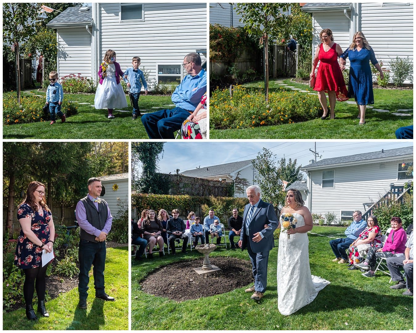 The bride walks up the short garden aisle for her wedding ceremony in the backyard of a neighbor in Dartmouth NS.