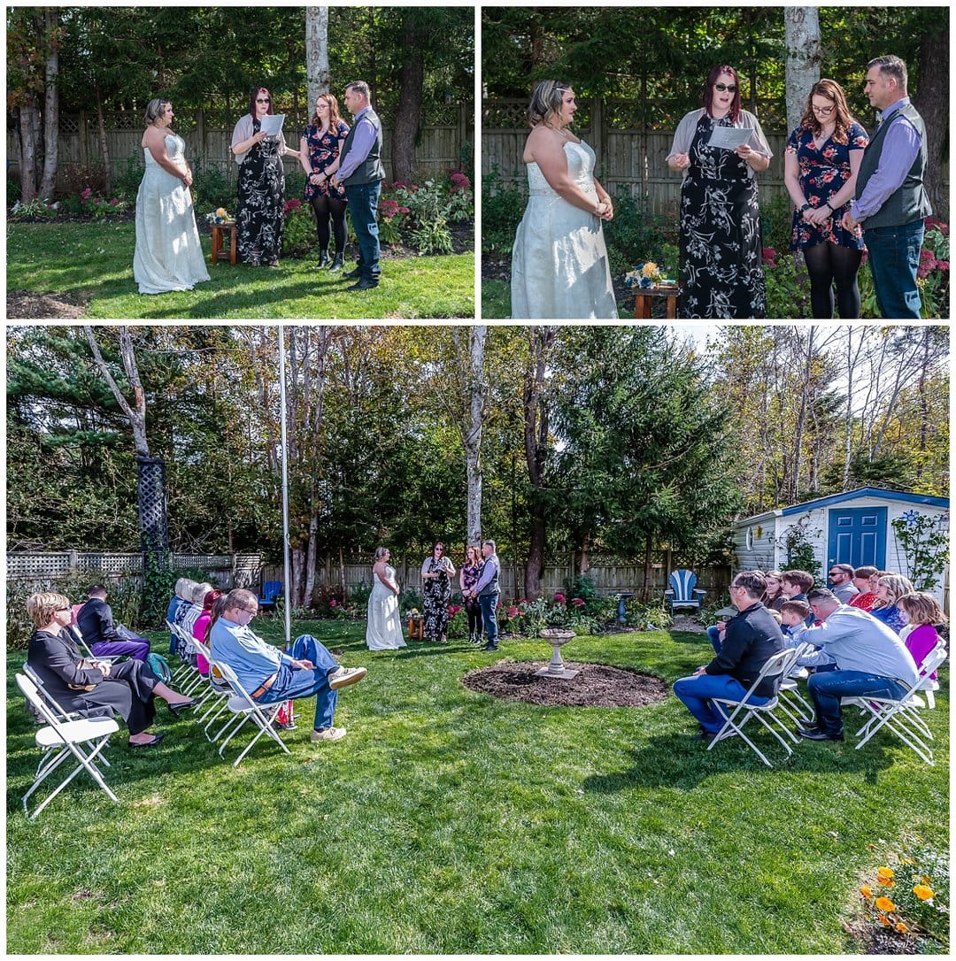 The bride and groom stand surrounded by family and friends during their garden elopement in Dartmouth NS.