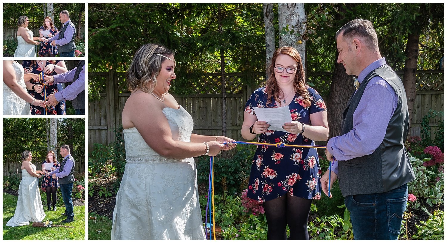 The bride and groom pull on their knot during their elopement ceremony during a garden backyard wedding in Dartmouth NS.