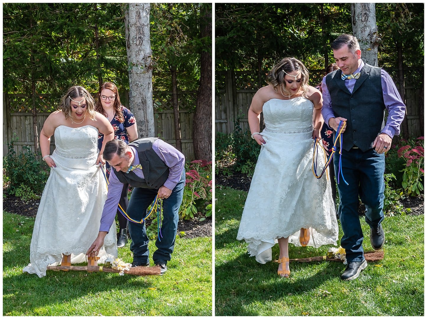 The bride and groom ump the broom during their backyard wedding ceremony.