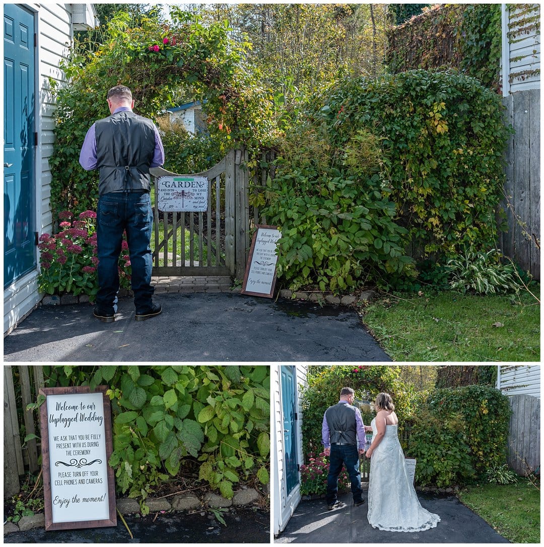 The bride and groom have their first look at the gate to the backyard garden where they will soon be married.