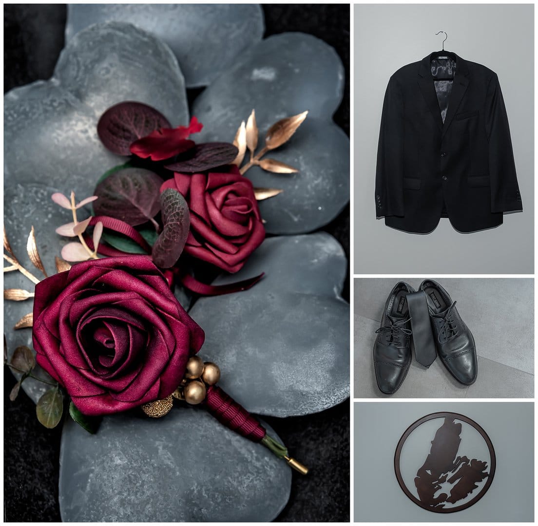The groom's still photography of his jacket and shoes.