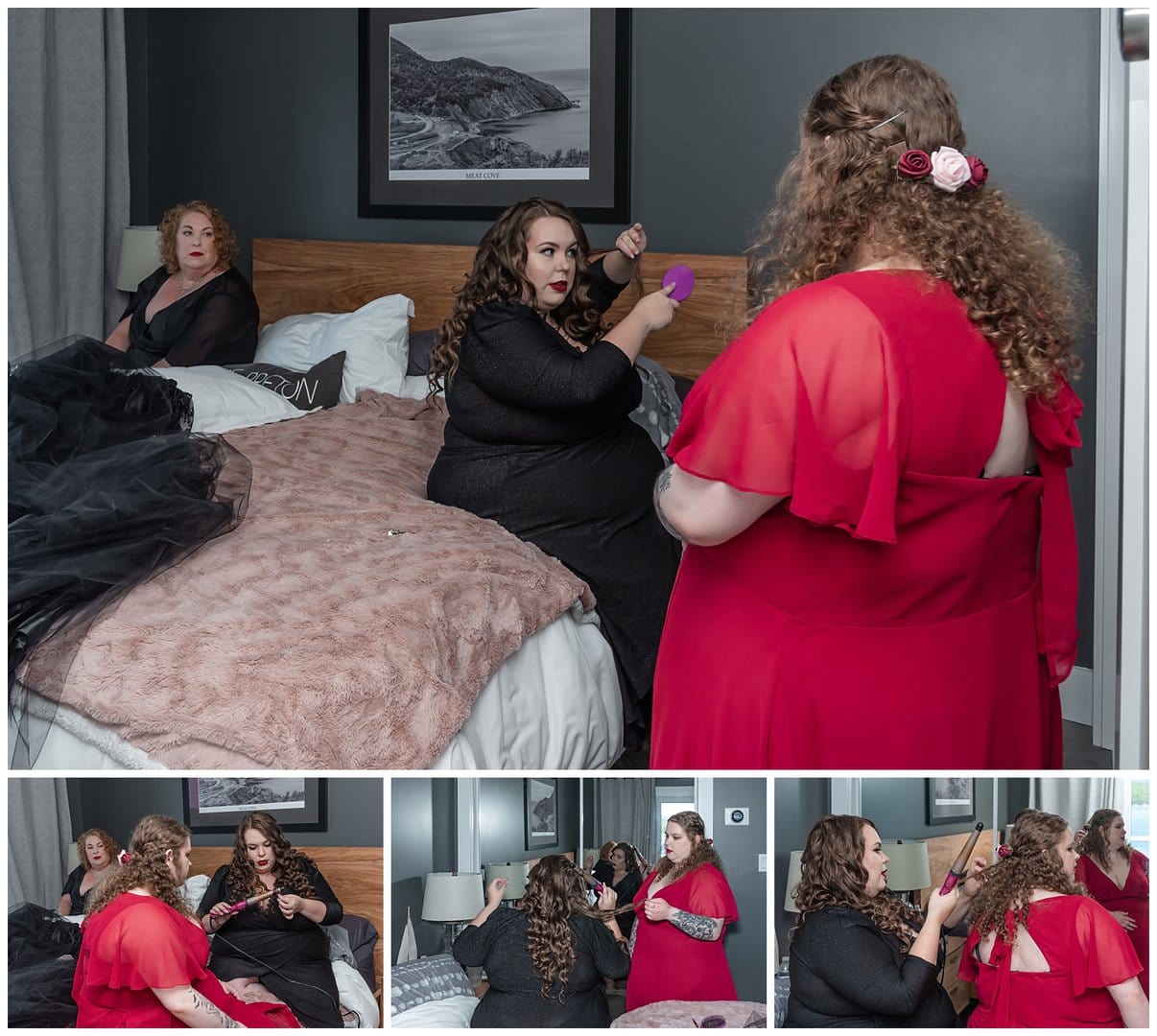 The bride creating her hair style for her wedding day with her sister.