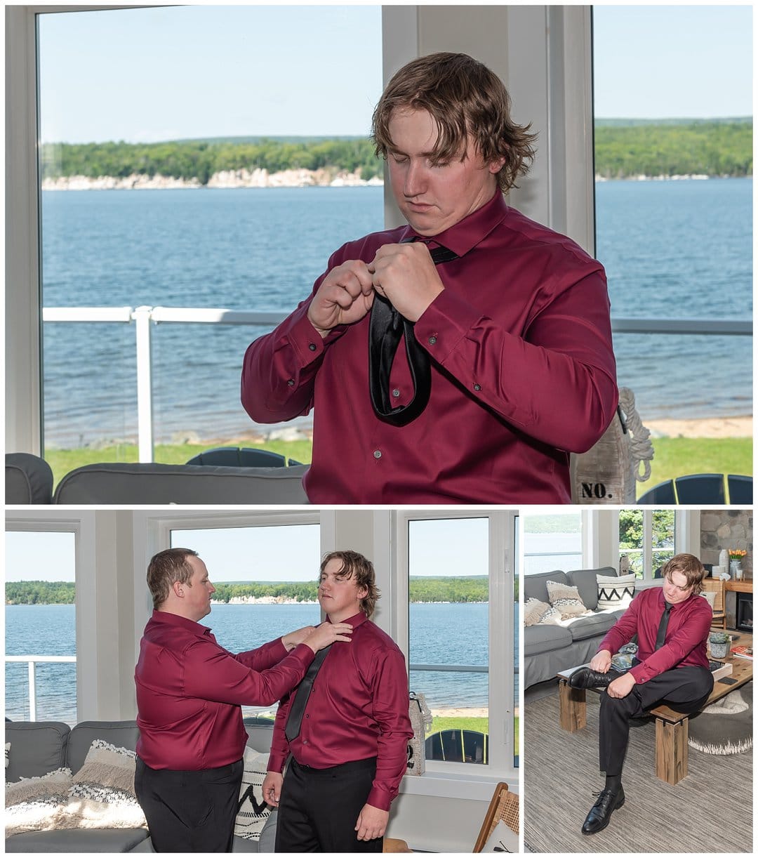 The groom gets ready with his best man before the wedding ceremony at an Air BnB in Cape Breton.