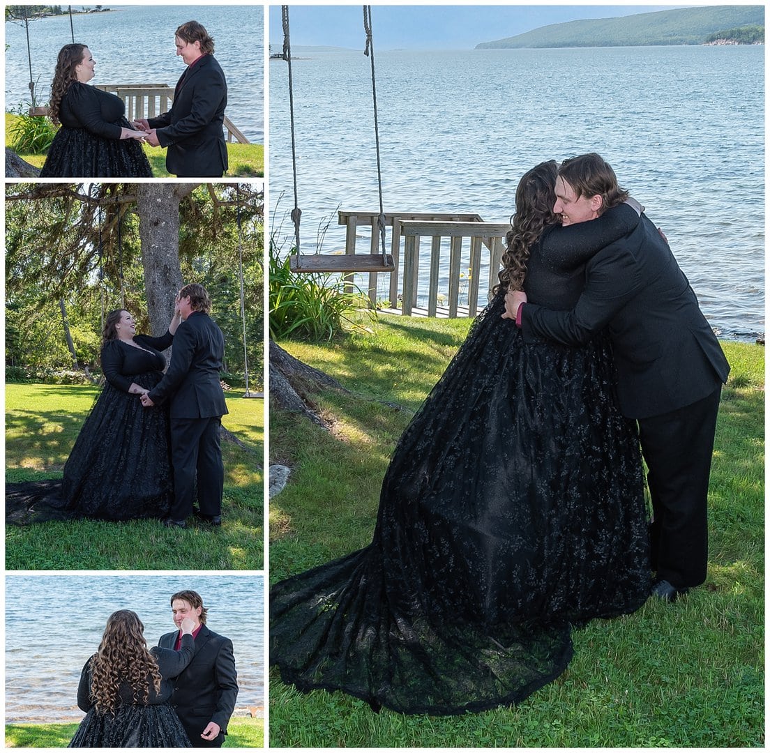 The bride and groom have their first look by the ocean in Cape Breton.