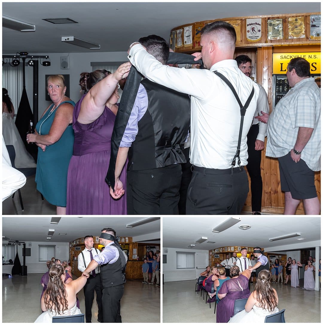 The groom is blind folded, the bride and her bridesmaids sit down and he has to feel each elbow and try to figure out which one belongs to his bride.