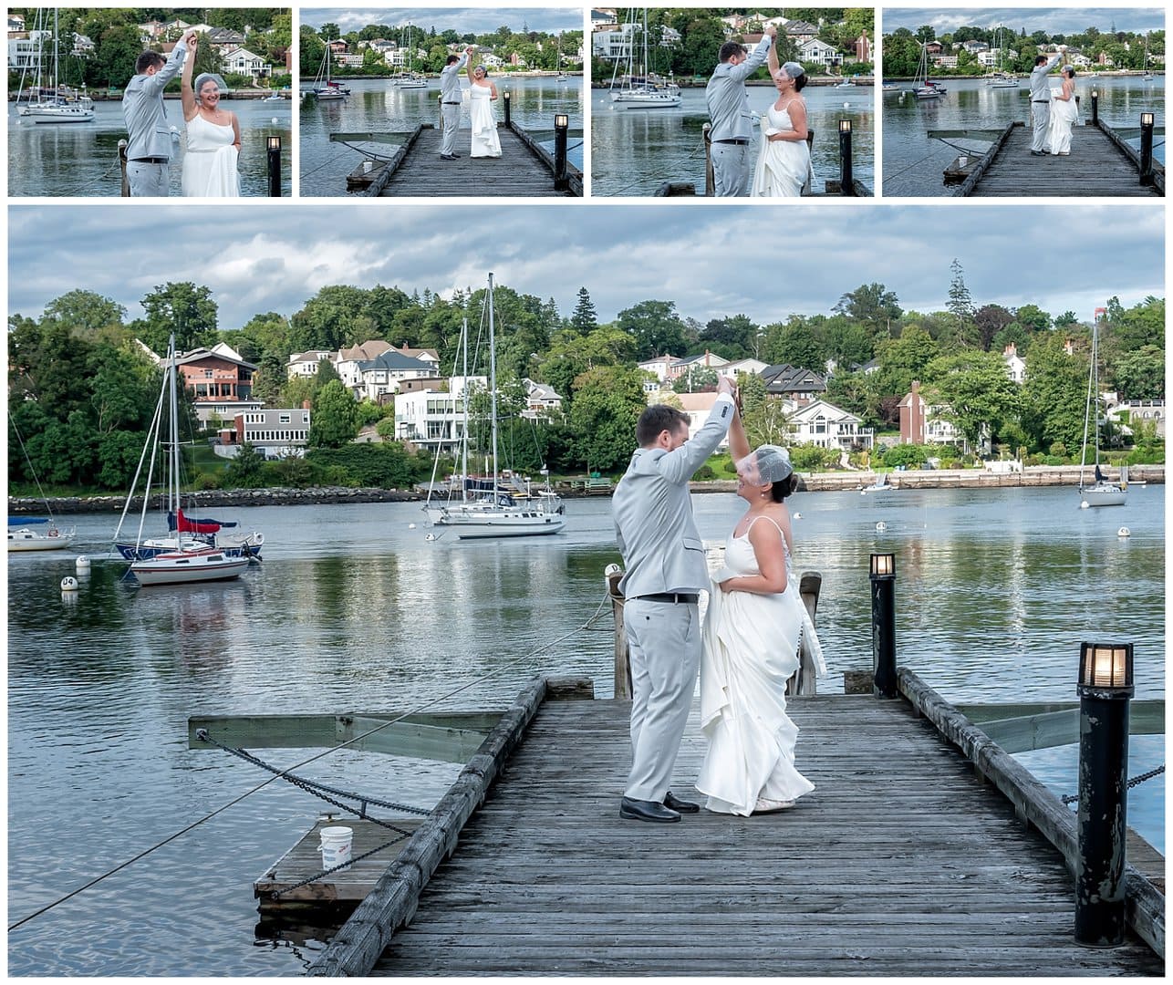 The bride and groom dance on the wharf at Saraguay House like no one is watching them.
