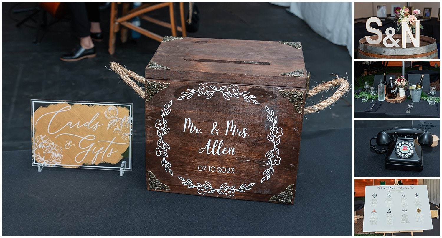 A rustic etched wooden box for wedding cards.