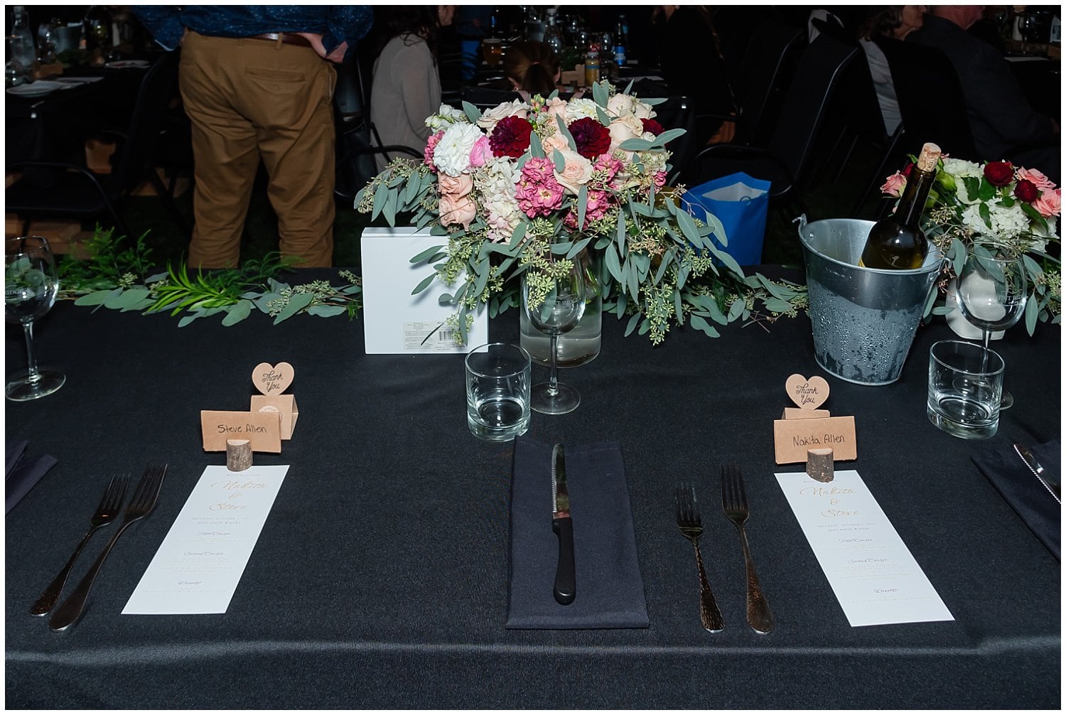 The bride and groom's dinner setting at their wedding reception at Bent Ridge Winery in Nova Scotia.