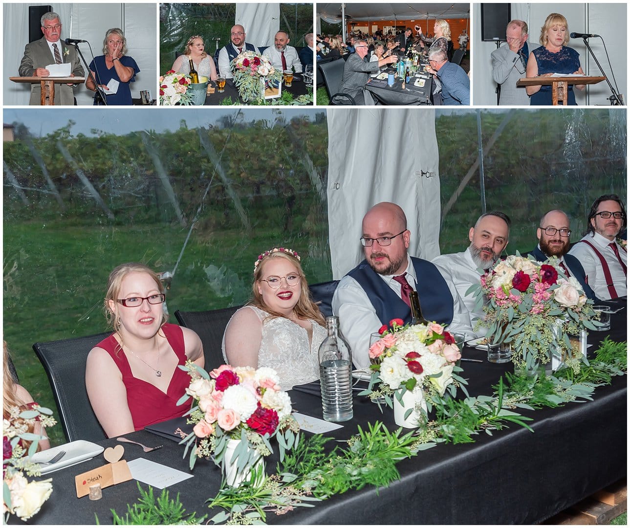 The bride and groom during their wedding reception speeches at the Bent Ridge Winery in NS.