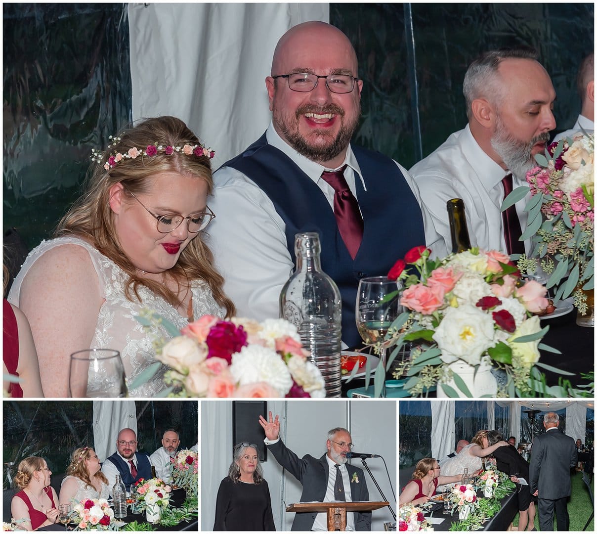 The groom laughs during the wedding speeches at Bent Ridge Winery in NS.