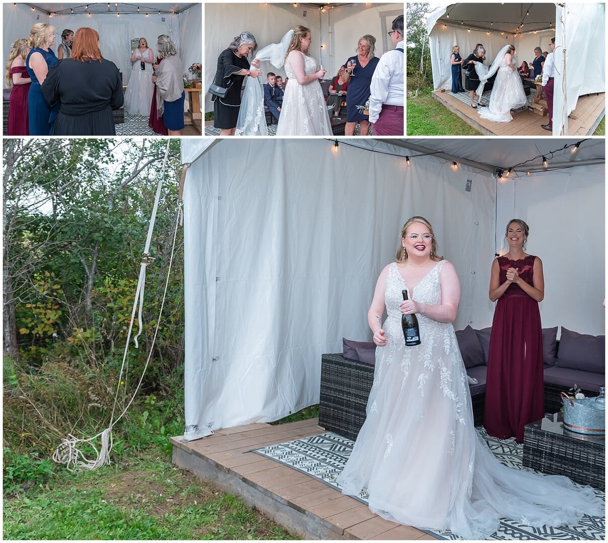 The tent set up for the bride before her wedding ceremony at Bent Ridge Winery in NS.