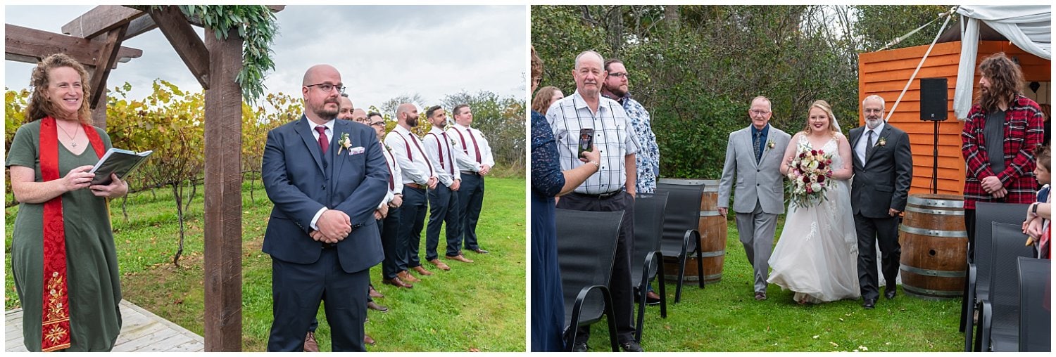 The bride walks up the aisle with both of her fathers to her groom.