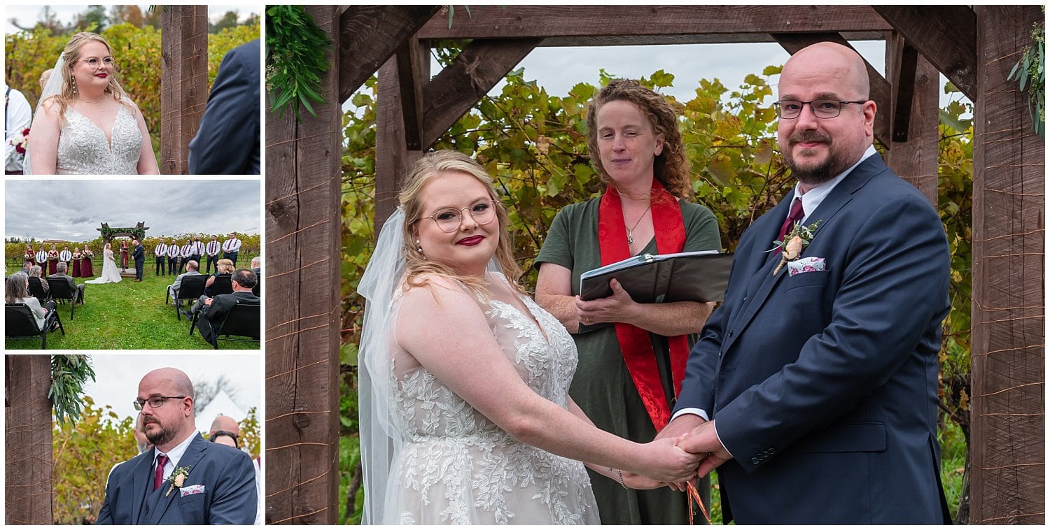 The bride and groom smile at their guests during their wedding ceremony at Bent Ridge Winery in NS.