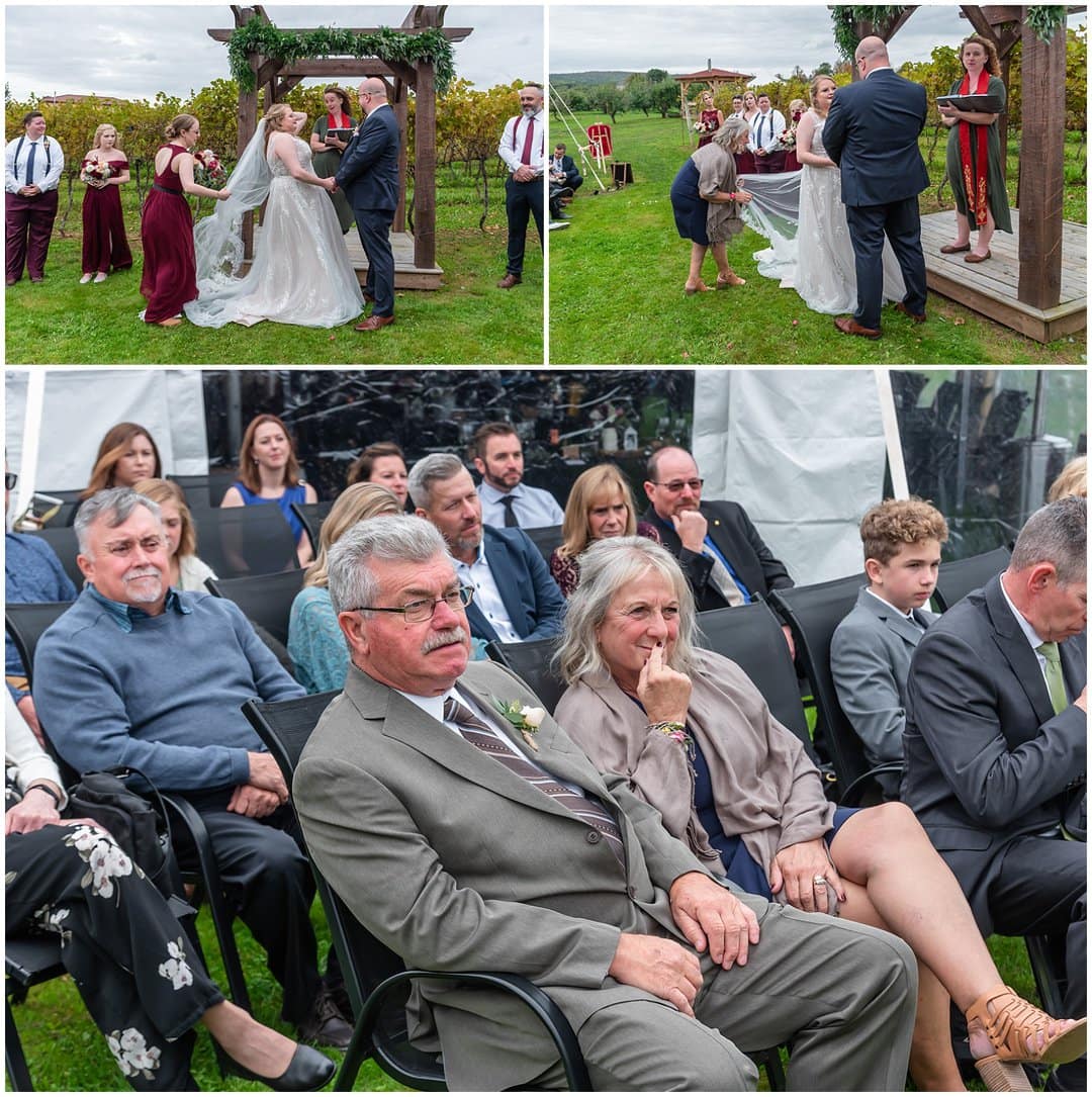 The bride, groom and guests during the wedding ceremony at Bent Ridge Winery in NS.