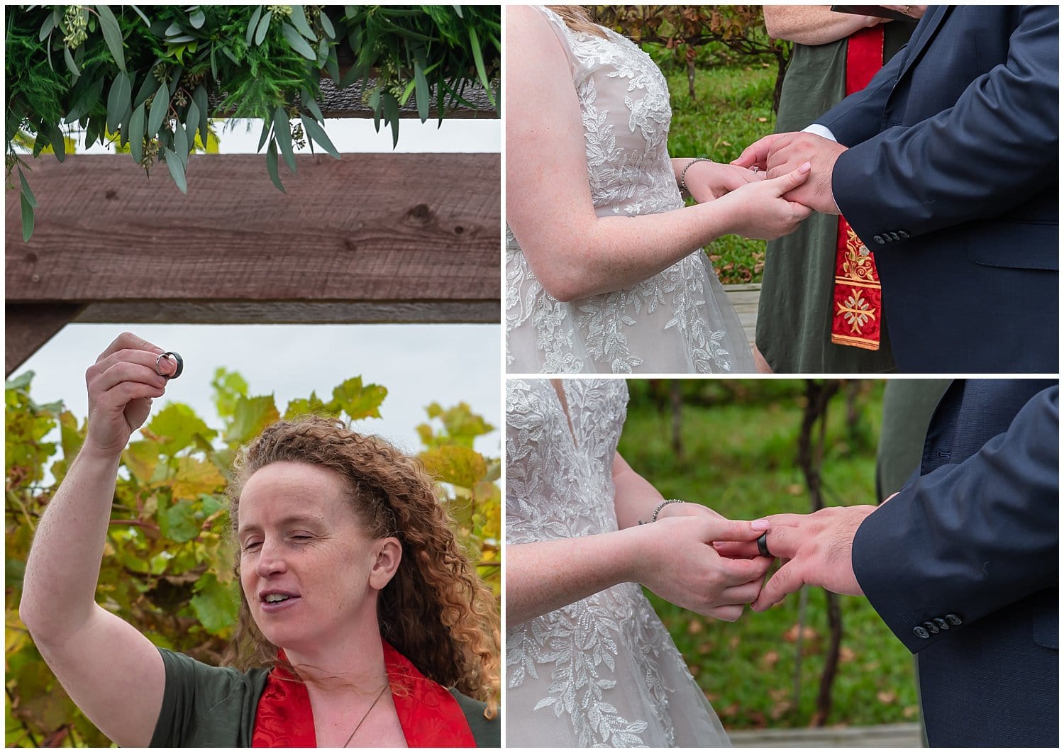 The bride and groom exchange wedding rings during their ceremony at Bent Ridge Winery in NS.