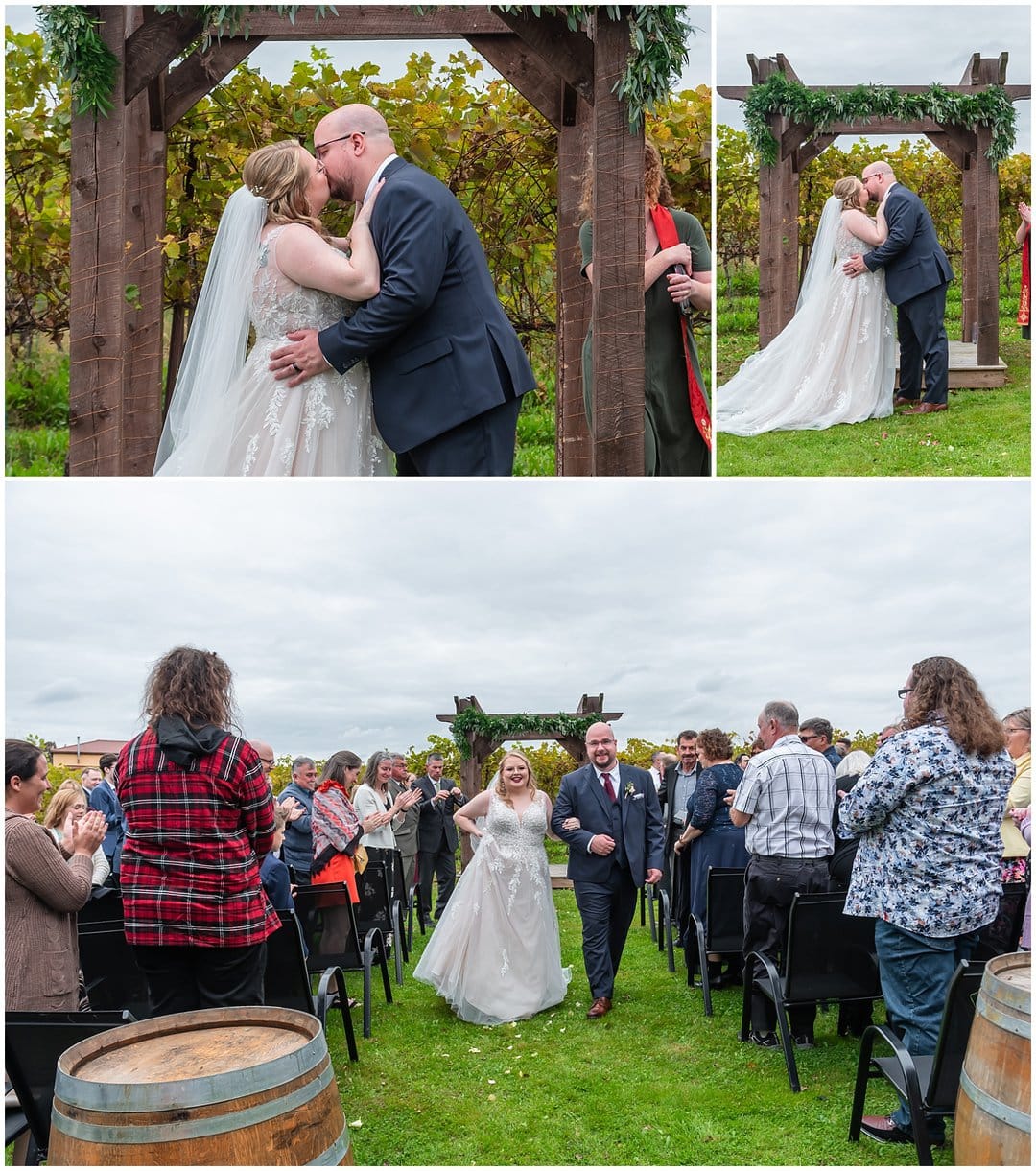 The bride and groom share their first kiss during their wedding ceremony at Bent Ridge Winery in NS.