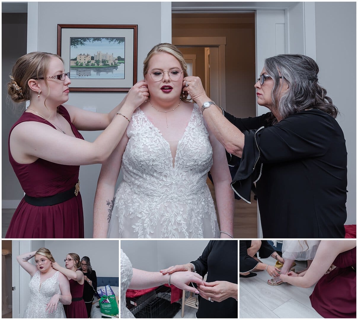 The bridesmaid and bride's mother help her with her earrings, necklace, bracelet and shoes.