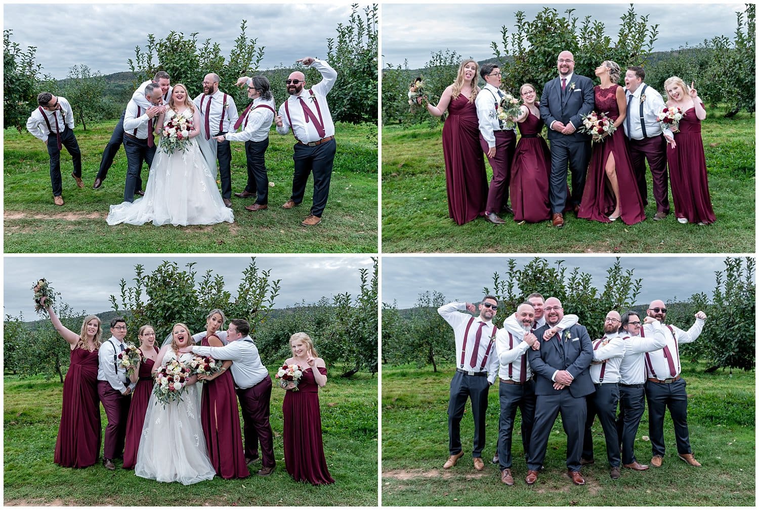 The bride and groom pose for fun wedding photos with their wedding party at the Bent Ridge Winery in NS.