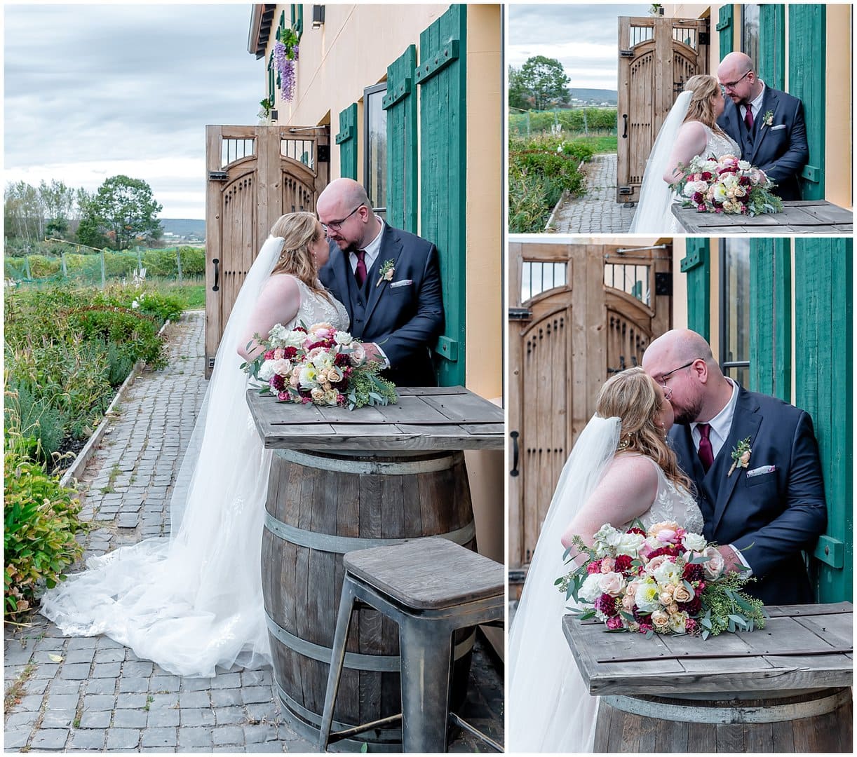 The bride and groom have wedding photos taken in front of the Bent Ridge Winery.