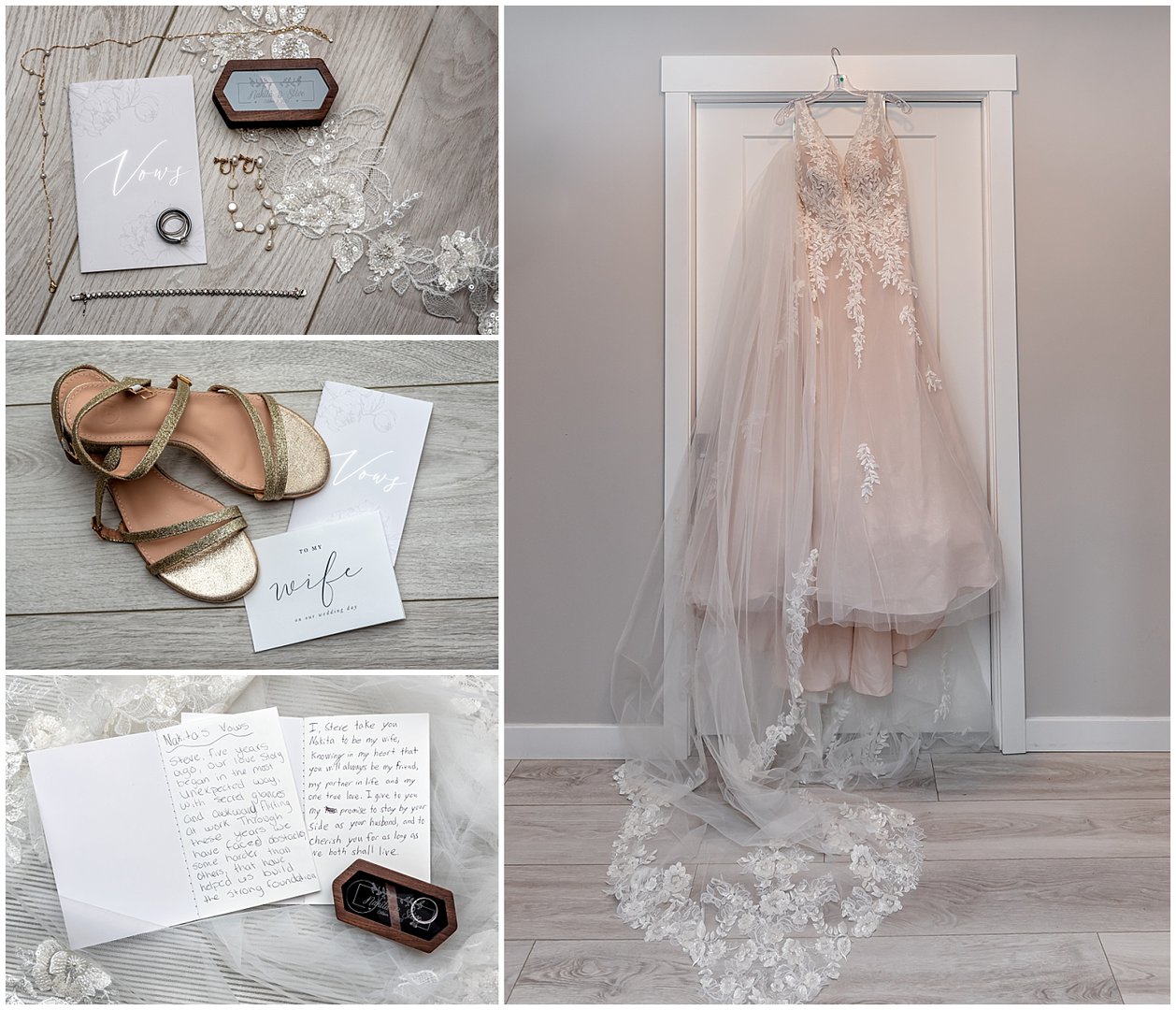 The bride's gown, shoes and mementos for her wedding.