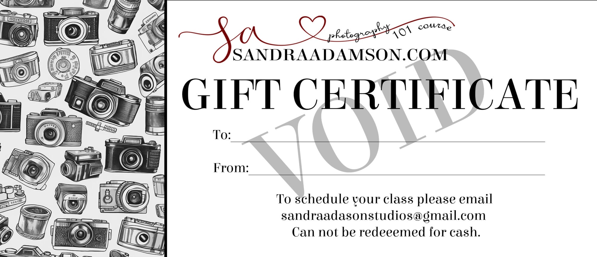 Gift certificate for Sandra Adamson Studios photography 101 and lightroom classes.
