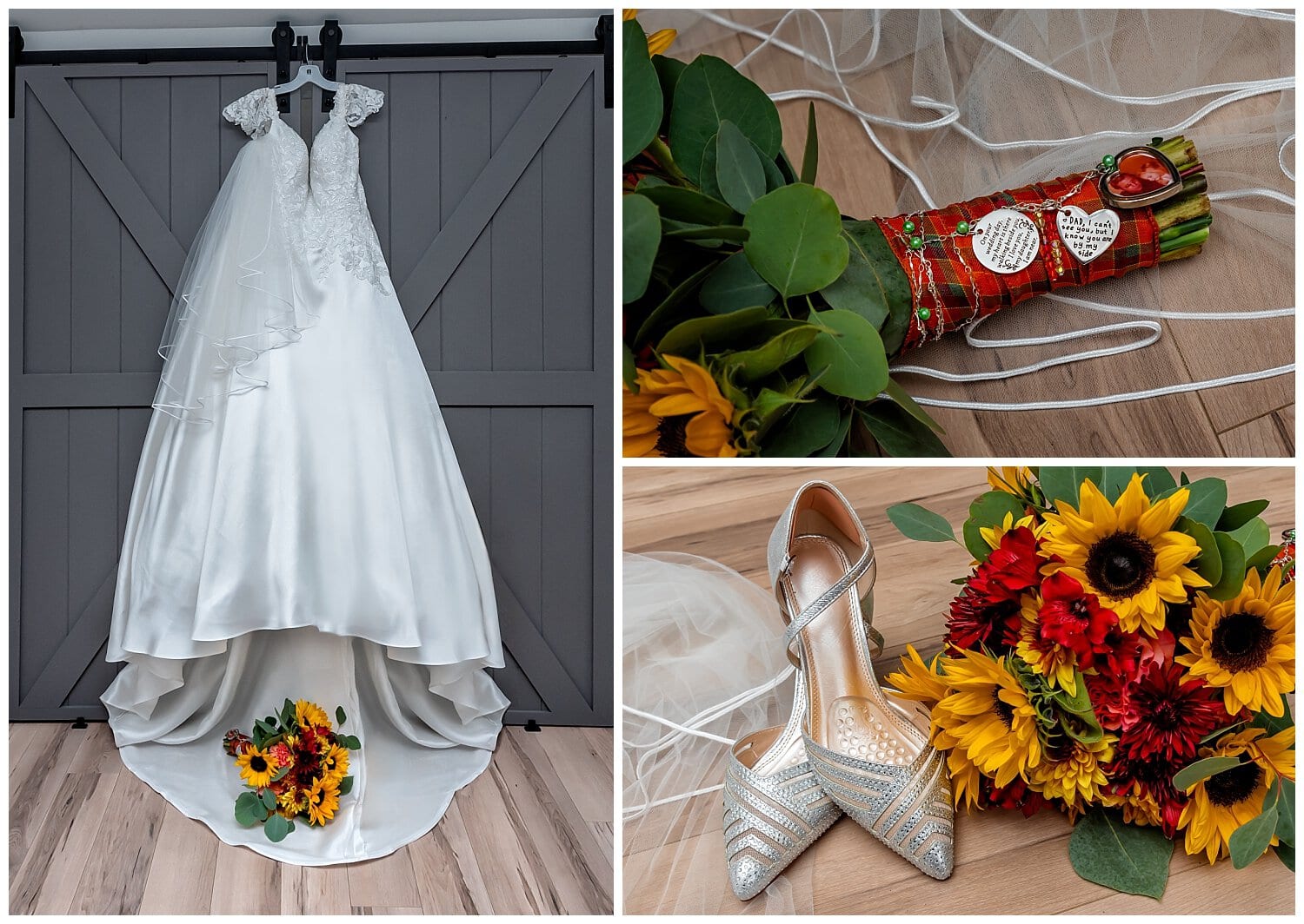 The bride's wedding dress, bouquet and shoes.