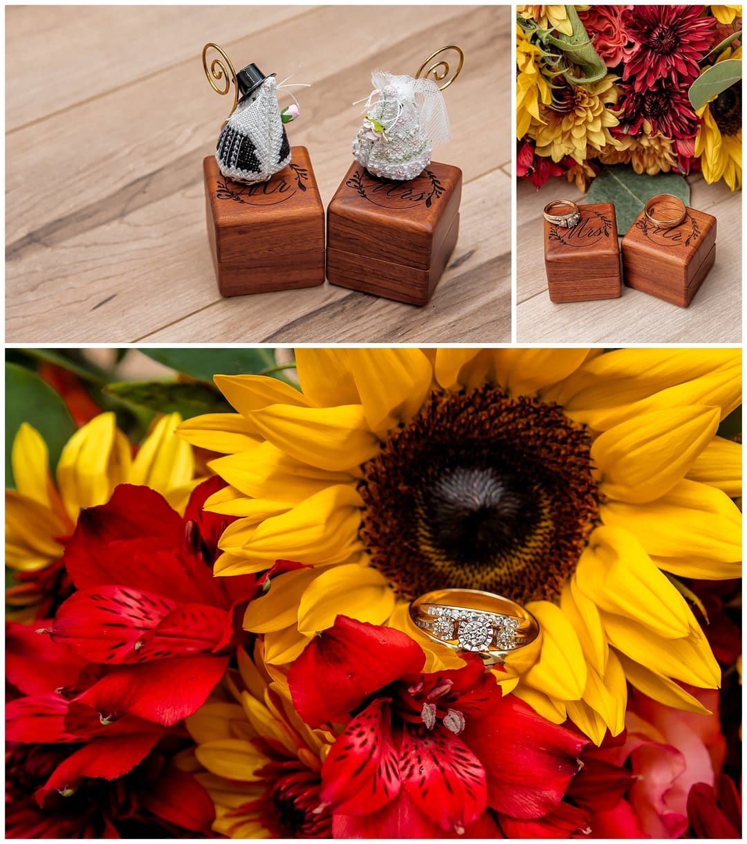 The bridal bouquet and wedding rings with case.
