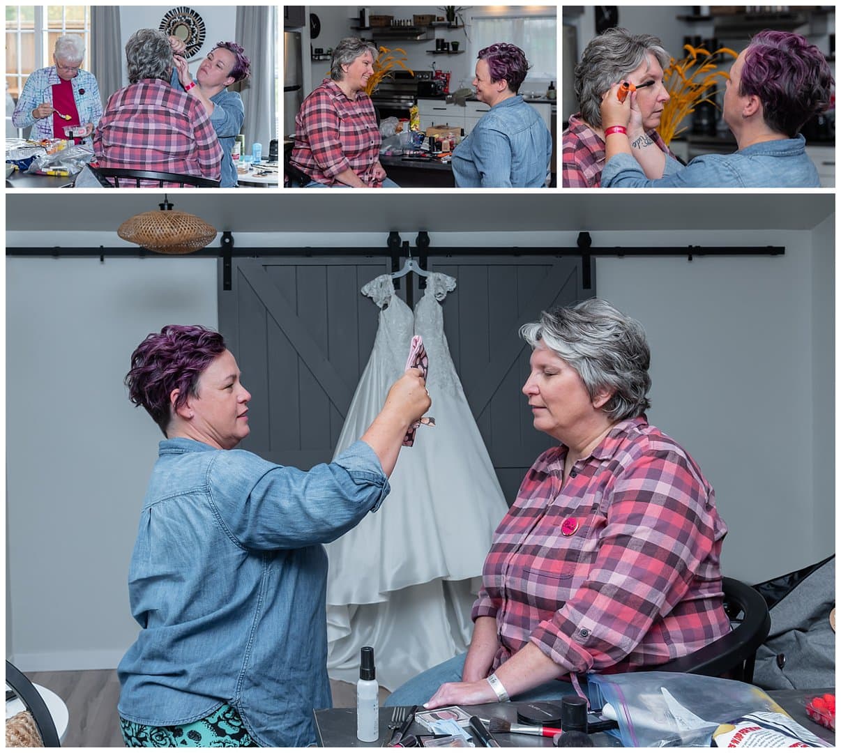 The bride has her makeup applied by her maid of honor at an Airbnb in Windsor NS.