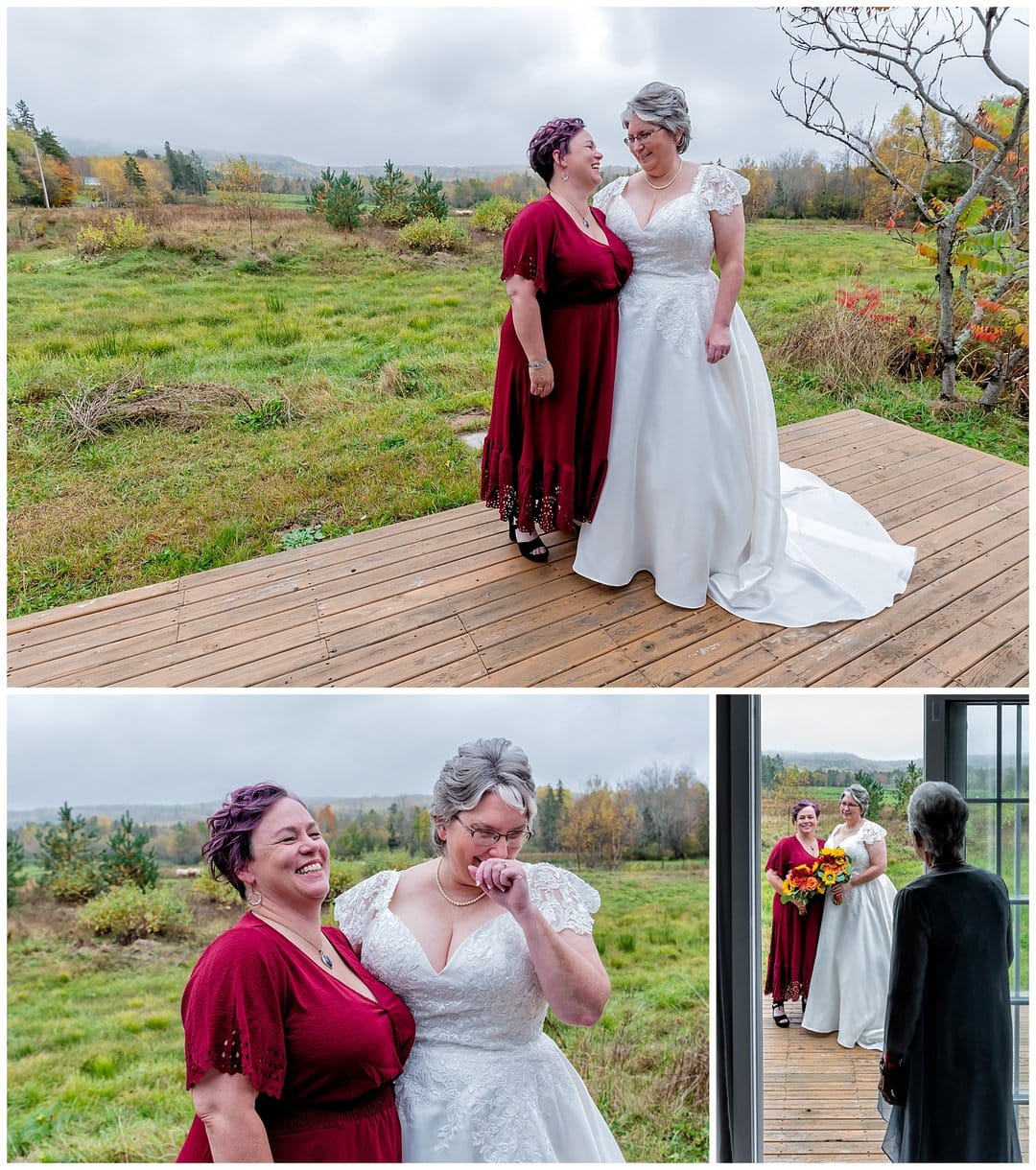 The bride and maid of honor pose together for wedding photos at an Airbnb in Windsor NS.