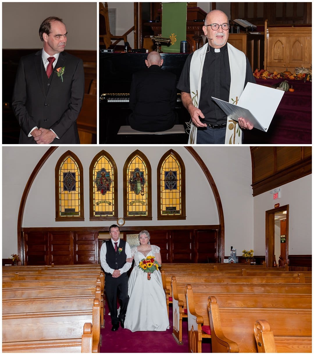 The bride accompanied by her brother walks down the aisle during her wedding in Windsor NS.