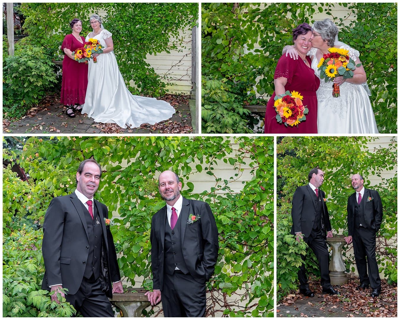 The bride and groom pose for phots with their maid of honor and best man in Windsor NS.