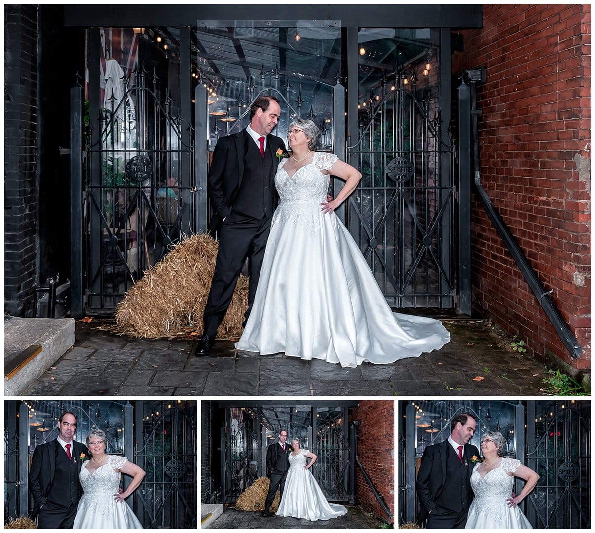 The bride and groom pose for wedding photos outside the Spitfire Grill in Windsor NS.