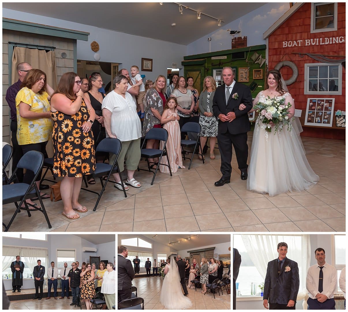 The bride walks up the aisle with her father as the groom looks on at their wedding ceremony in Fishermans Cove Eastern Passage NS.