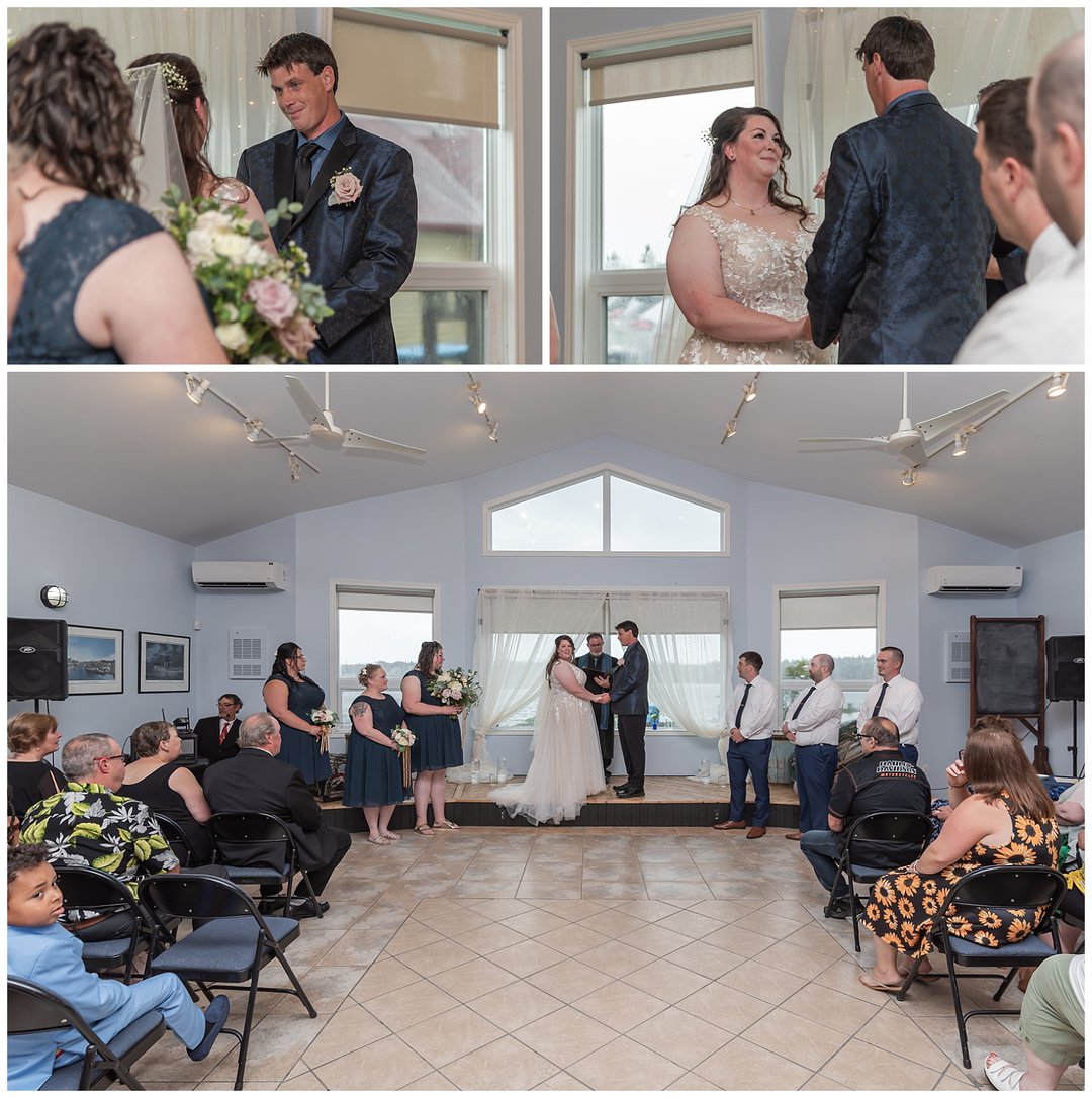 The bride and groom hold hands during their wedding ceremony at Fishermans Cove Heritage Center in Eastern Passage NS.