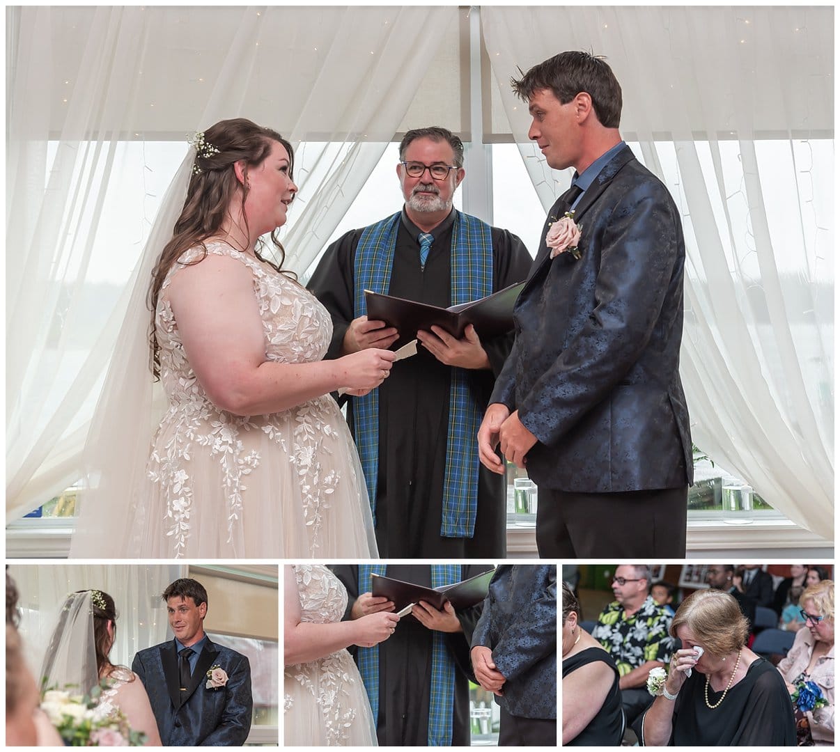 The bride reads her vows to the groom during their wedding ceremony at Fishermans Cove in Eastern Passage NS.