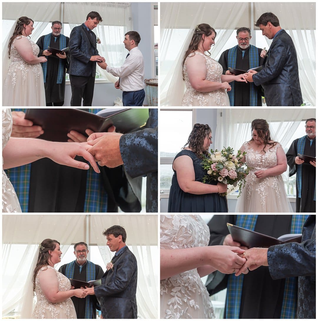 The bride and groom exchange their wedding rings during their ceremony at Fishermans Cove in Eastern Passage NS.