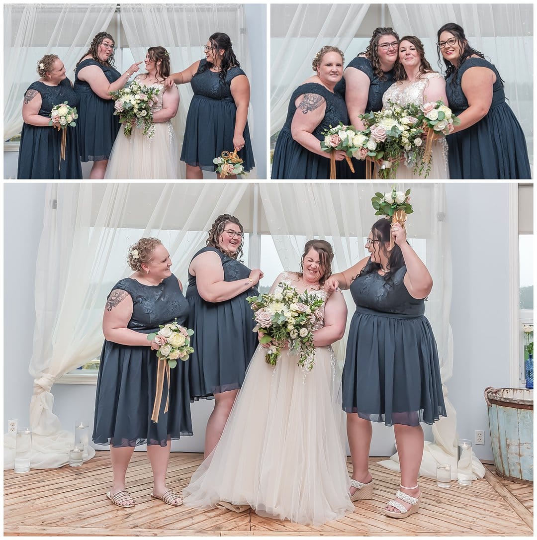The bride having fun with her bridesmaids posing for wedding photos at Fishermans Cove in Eastern Passage NS.