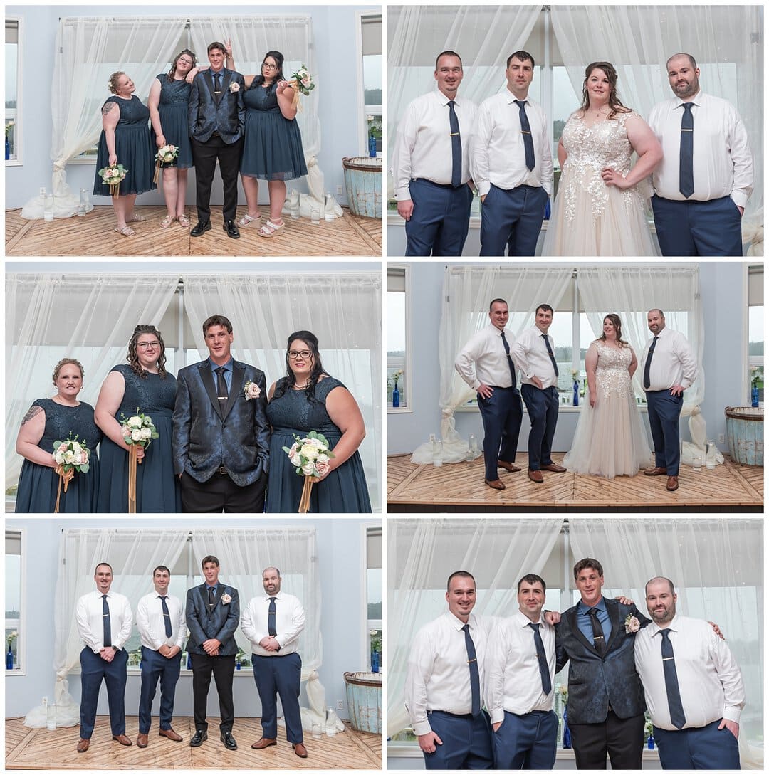 The wedding party pose for wedding photos at Fishermans Cove in Nova Scotia.
