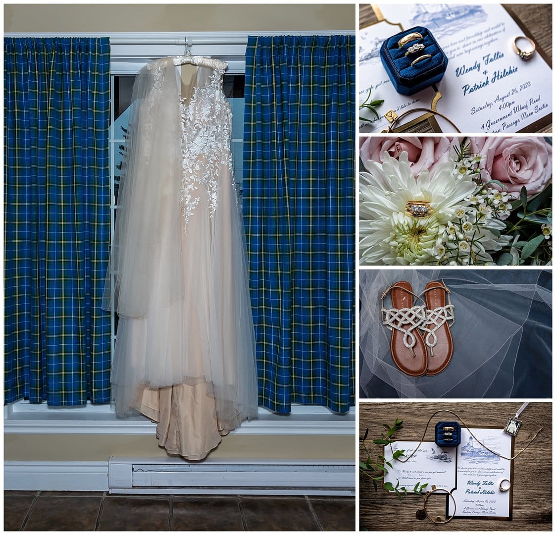 The bridal details for the wedding day, the gown, shoes, rings and invitations.