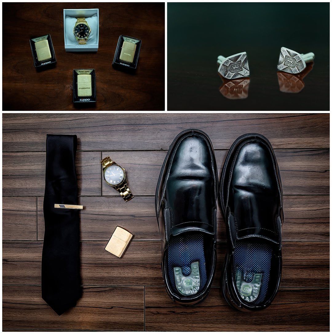 The groom's shoes, watch, cufflinks and tie with clip.