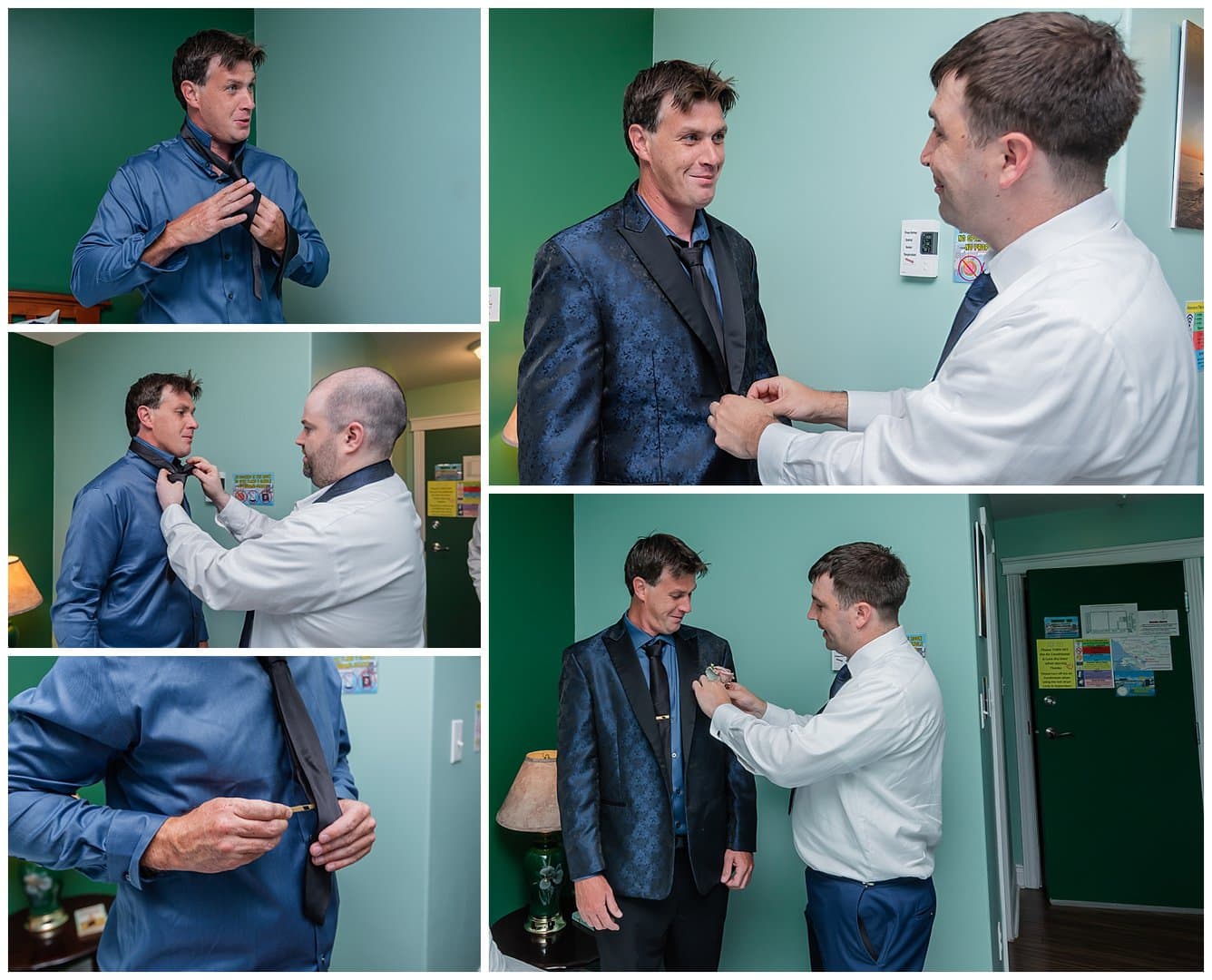 The groom and groomsmen getting ready for his wedding day at the Fishermans Inn in NS.