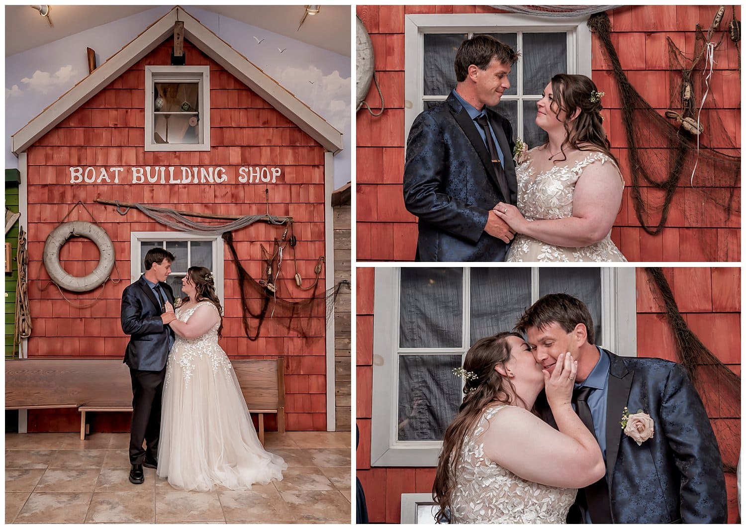 The bride and groom posing during their wedding photos at Fishermans Cove in NS.