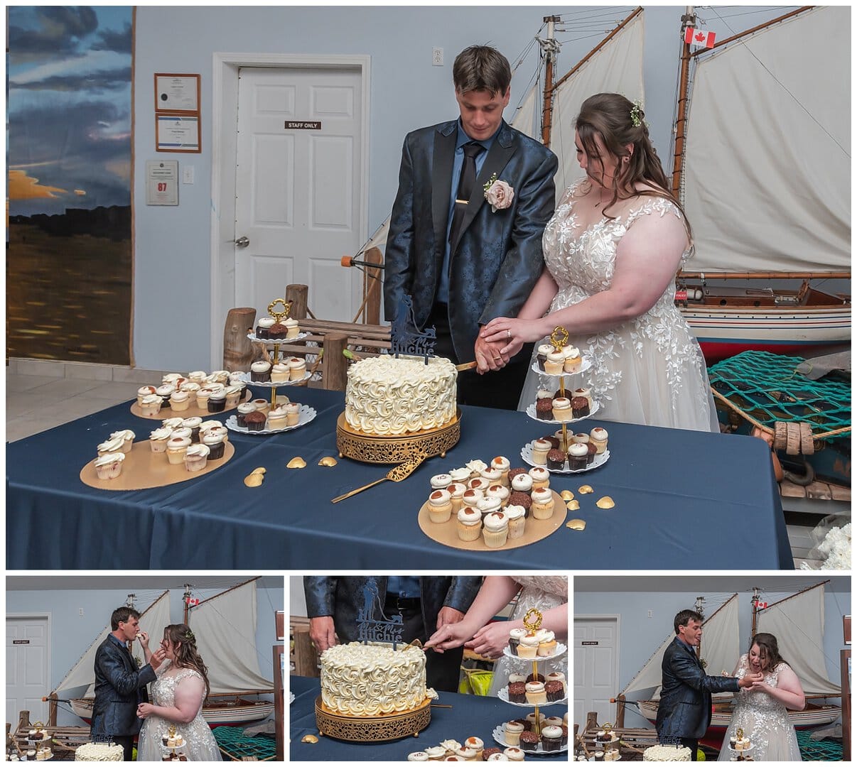 The bride and groom cut the cake and then feed each other a slice during their wedding reception at Fishermans Cove in NS.